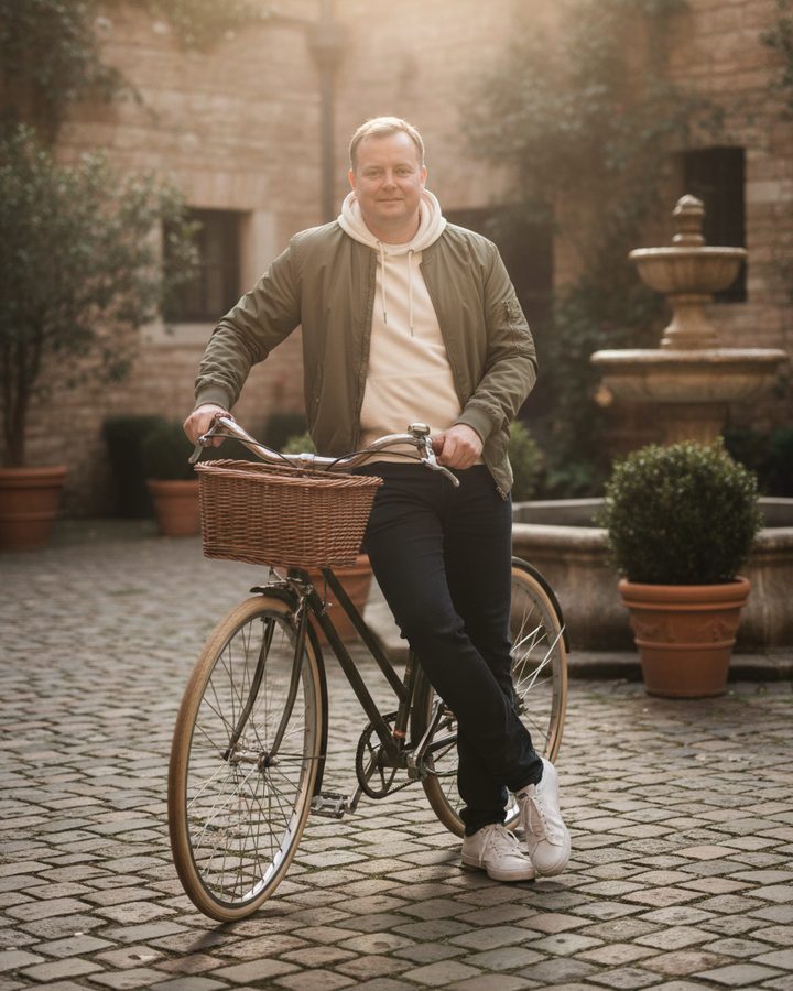 Jesper med en cykel i en gårdhave